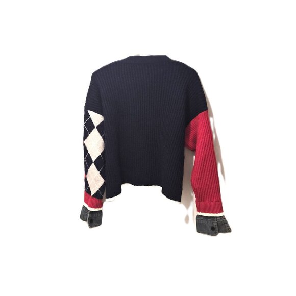 OAK Y2K Boxy Cardigan – Argyle Denim Cuffs Circuscore Indie Sequins Patch Knit - Picture 2 of 5